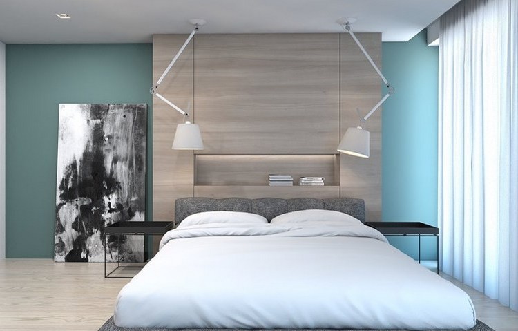 Wohnideen für Farbgestaltung schlafzimmer-salbeigruen-helles-holz-graues-polsterbett