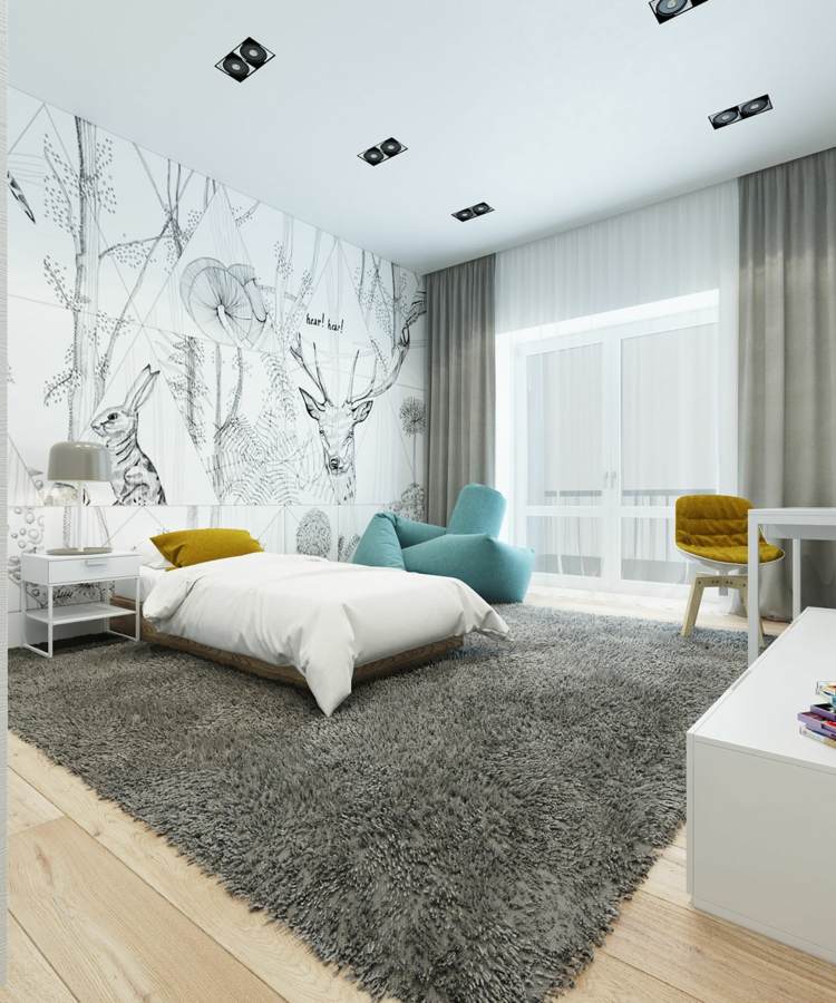 wohnung farbideen modern schlafzimmer einrichtung weiss grau gelbwohnung farbideen grau design wandgestaltung lindgruen teppich akzent blaugrau
