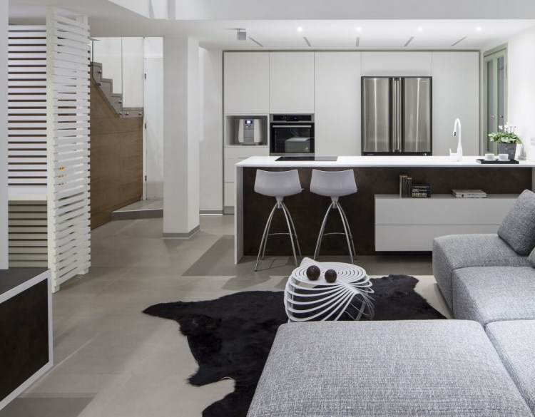wohnzimmer-grau-offene-kueche-minimalistisches-design-loft-wohnung