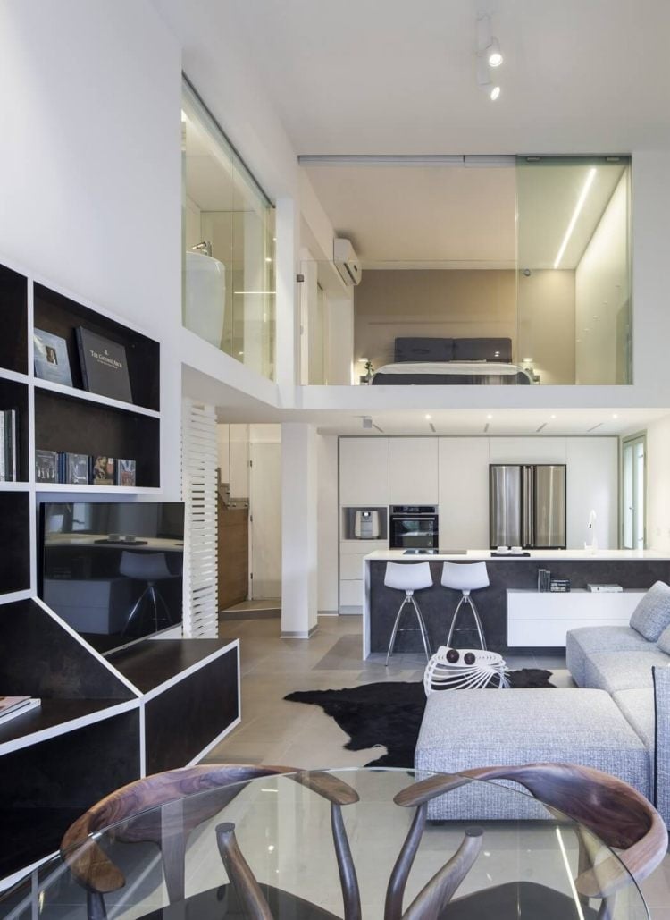wohnzimmer-grau-weiss-glas-minimalistisches-design-loft-wohnung