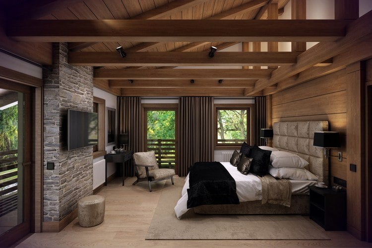 Wohntrends 2016 schlafzimmer-Holz-stein-chalet-stil Foto von einem gemütlichen Schlafzimmer