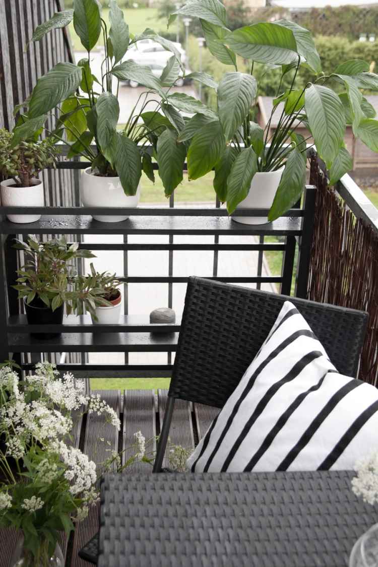 balkon-gestalten-gemuetlich-schwarz-weiss-kunststoffrattan-klein-pflanzen