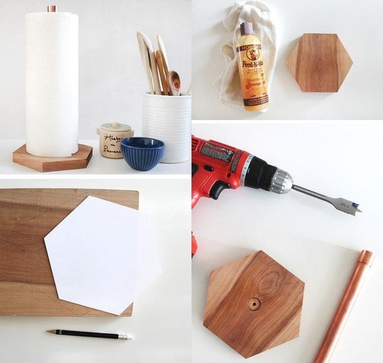 Deko Ideen für Küche -selber-machen-halterungen-kuechenpapierstaender-holz-sechseckig-stab-kupfer