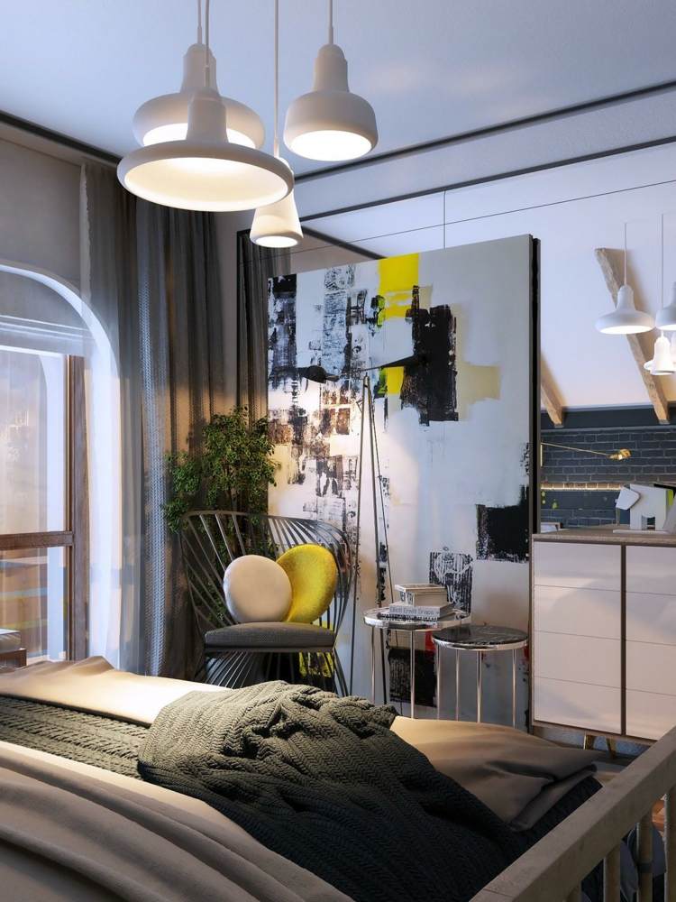 deko im schlafzimmer bild-idee-gross-abstrakt-urban-spiegel-wand-stuhl-metall