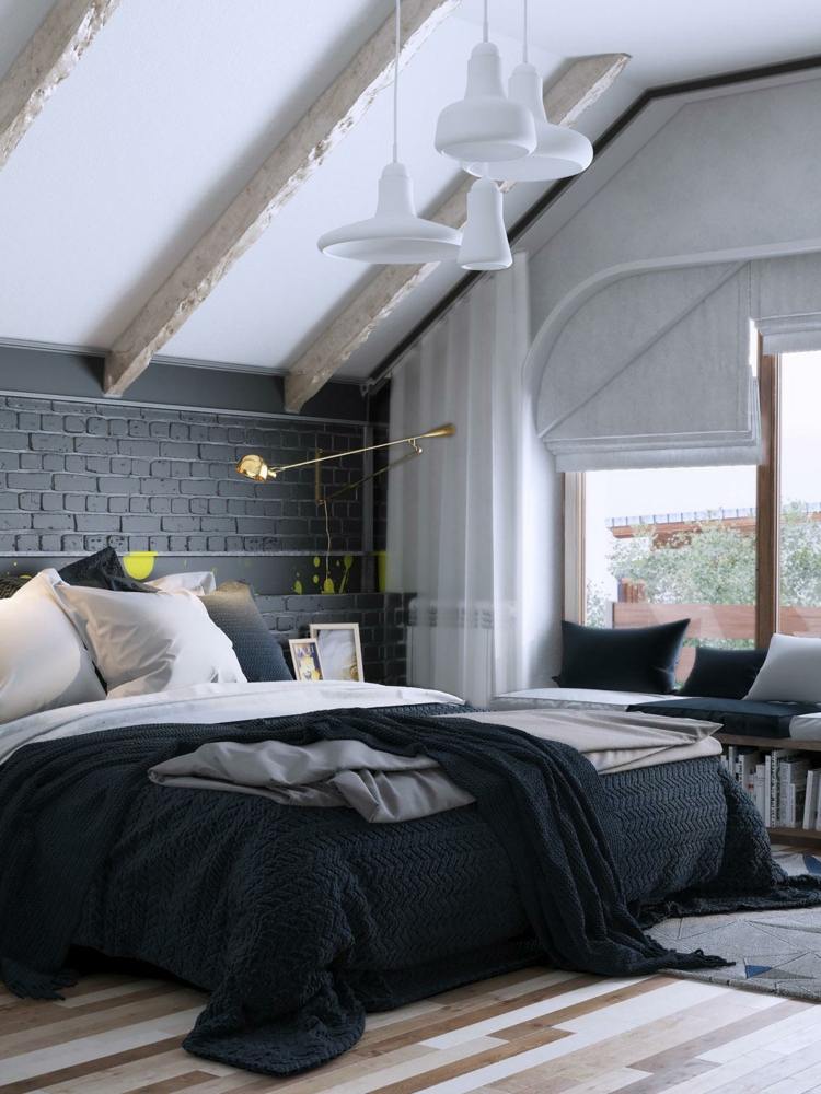 deko im schlafzimmer dachschraege-schwarz-akzentwand-klinker-balken-parkett
