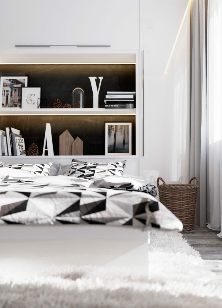 deko im schlafzimmer einrichtung-idee-modern-monochrom-stil-waeschekorb-beleuchtung
