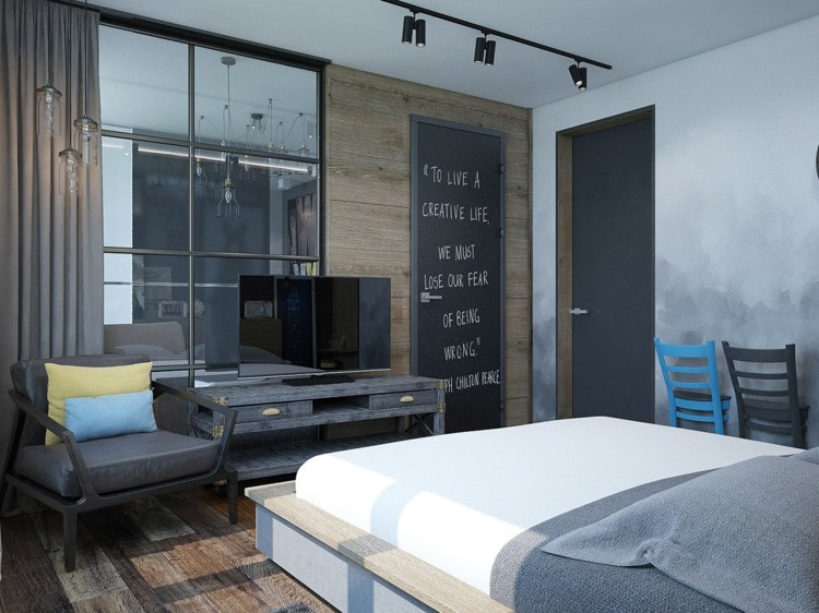deko im schlafzimmer fernseher-tisch-tuer-tafelfarbe-schwarz-zitat-betonoptik