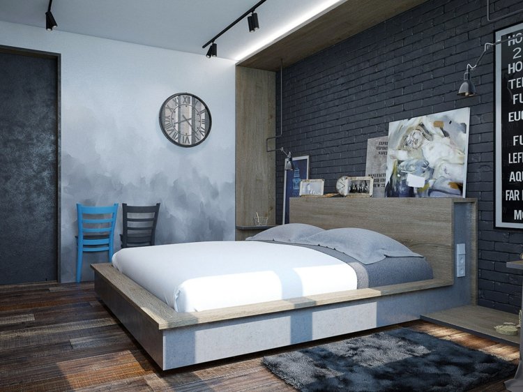 deko im schlafzimmer holz-bett-modern-backsteinwand-dunkel-grau-wandgestaltung-beton
