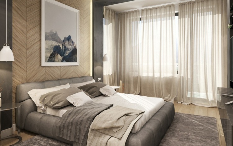 deko-schlafzimmer-akzentwand-holz-elegant-wandbild-idee-grau-bett