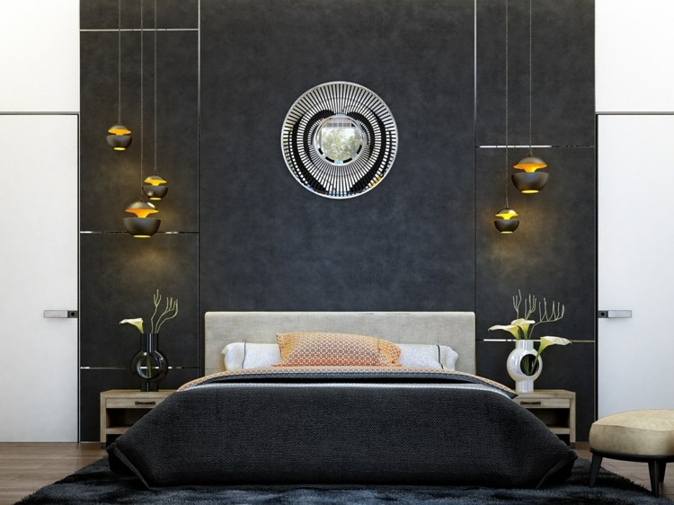 deko-schlafzimmer-art-deco-stil-schwarz-akzentwand-medaillon-spiegel-nachttische