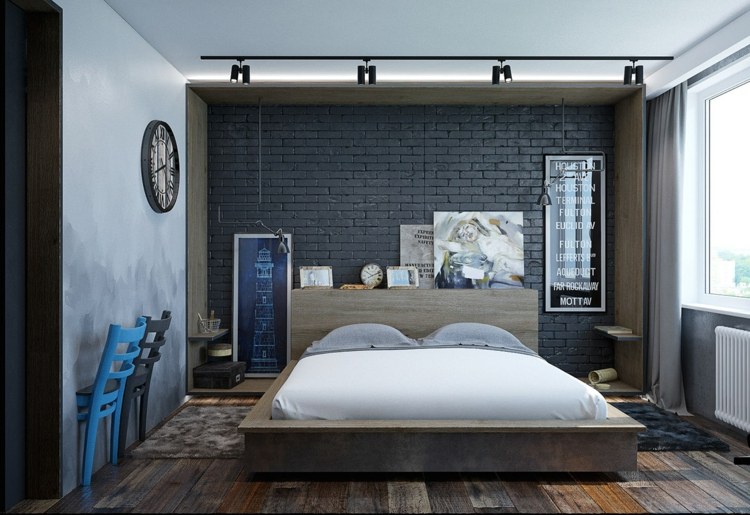 deko-schlafzimmer-bilder-gestaltung-klinker-steinwand-idee-stuehle-blau-grau