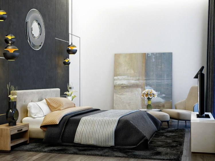 deko-schlafzimmer-kontrast-warm-farben-kalt-dunkel-teppich-sideboard