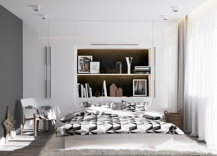 deko-schlafzimmer-modern-geometrisch-design-bettwaesche-regal-kopfbrett-kunst