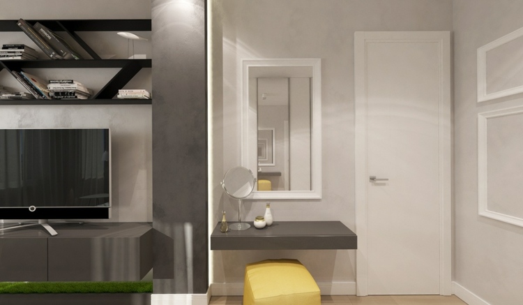 deko-schlafzimmer-monochrom-ambiente-regal-modern-abstrakt-form-hellgrau-wandfarbe