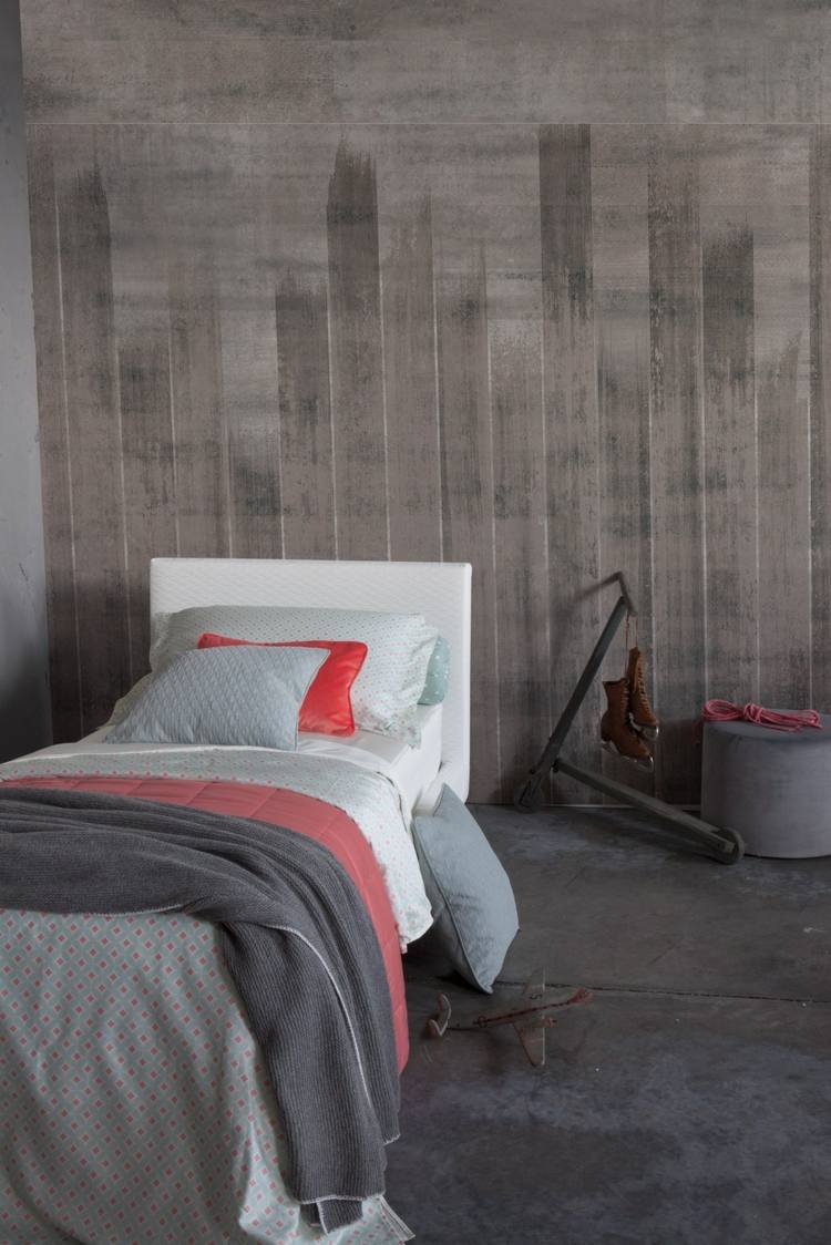 Designer Tapeten schlafzimmer-betonoptik-grau-weiss-einzelbett-weiss-polsterung-FENZ-Inkiostro-Bianco