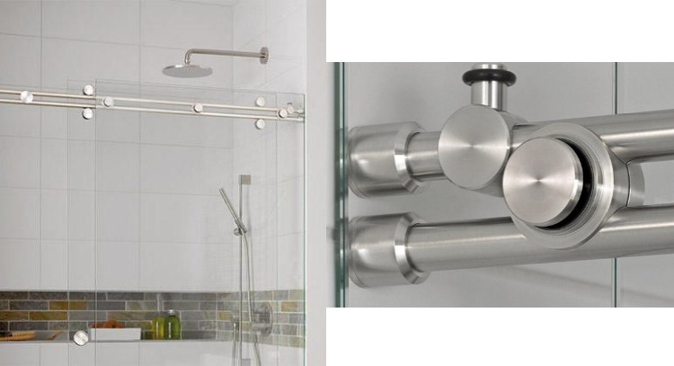 Duschabtrennung aus Glas -schiebeturen-duschkabine-gleitsystem-modern-edelstahl-weiss