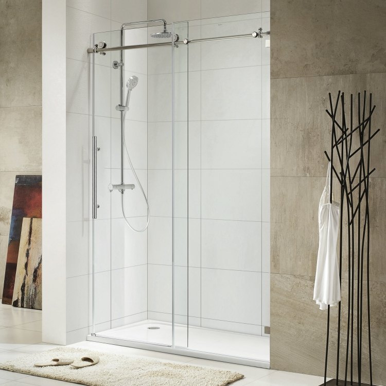 Duschabtrennung aus Glas -schiebeturen-duschkabine-modern-design-armatur-weiss-beige-bad