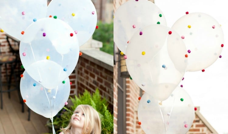 Fasching Deko basteln -luftballons-kinder-pompoms-aufkleben
