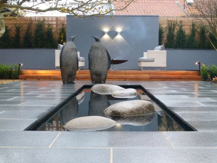 Gartentrends 2016 -traumgarten-modern-monochrom-wasser-steine-pinguine