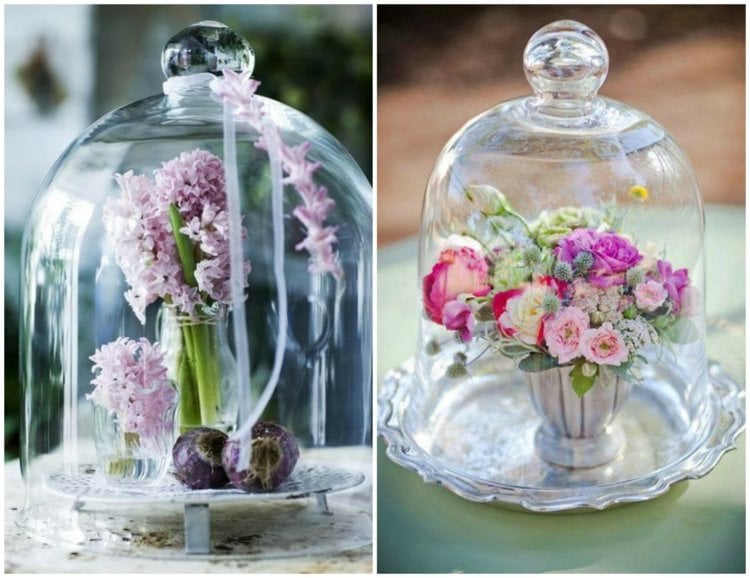 Glasglocke dekorieren frühlings-deko-ideen-lila-hyazinthen-rosen-rosa-wiesenblumen