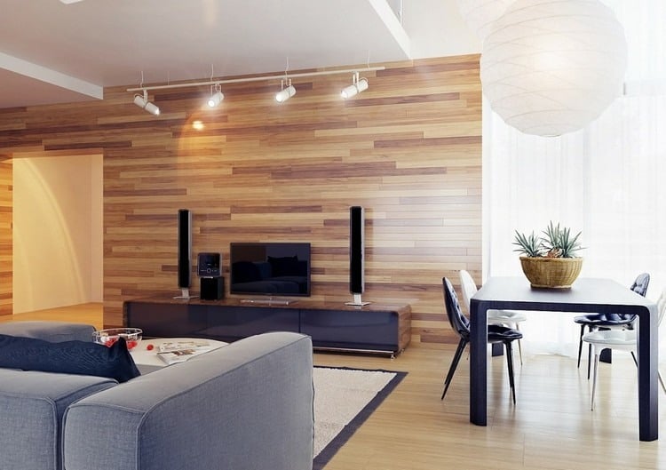 Entertainment zu Hause einrichtung-wohnzimmer-saulenlautsprecher-holz-wandverkleidung-low-board-schwarz-holz