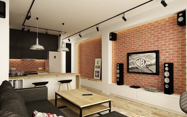 Entertainment zu Hause wohnzimmer-industrial-design-backsteinwand-holz-schwarz