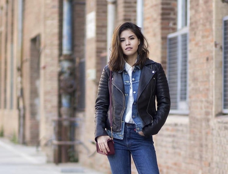 Jeansjacke für Damen -kombinieren-outfits-layering-jeans-lederjacke-schwarz-denim