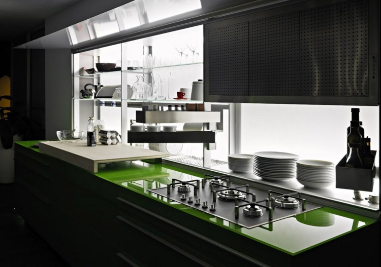 küchenschrank design kochherd-gas-hochglanz-gruen-geschirr