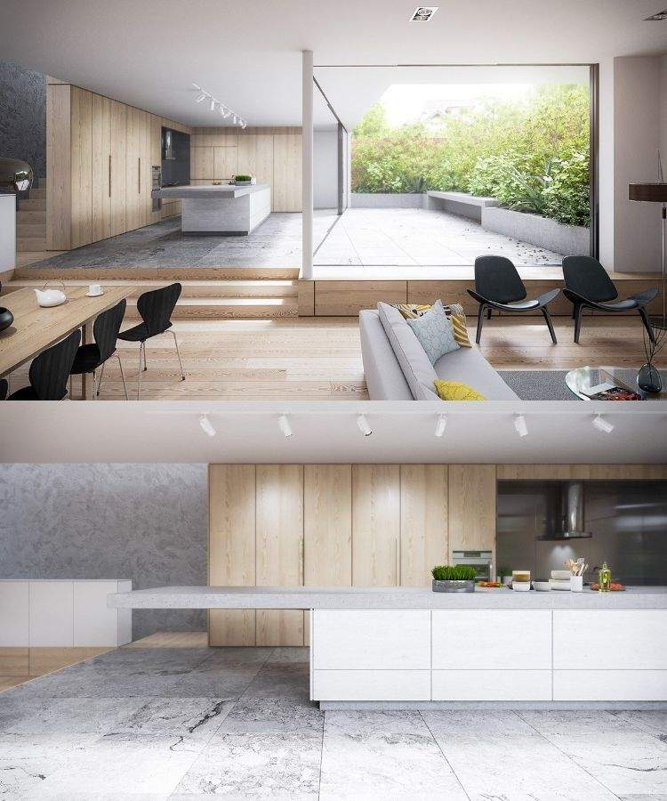 Moderne Küchen kuecheninsel-grau-arbeitsplatte-fliesen-steinoptik-holz-wandverkleidung