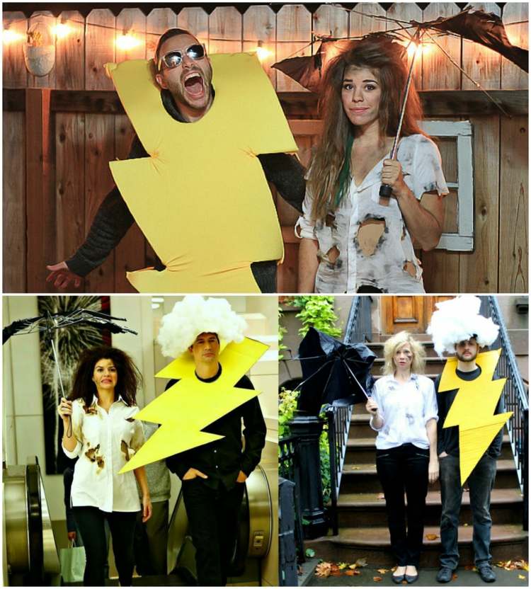Paar Kostüme Fasching blitz-gelb-wolke-haare-baumwolle-hemd-kaputter-regenschirm