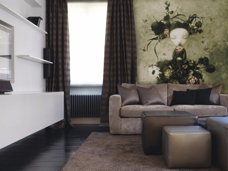 tapete-wohnzimmer-flora-maedchen-bild-blumen-haare-beige-gruen-mix-sideboard-modern