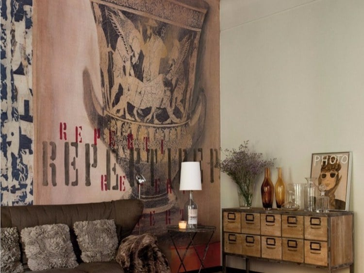 tapete-wohnzimmer-ostrakon-sideboard-rustikal-beige-raumgestaltung-idee