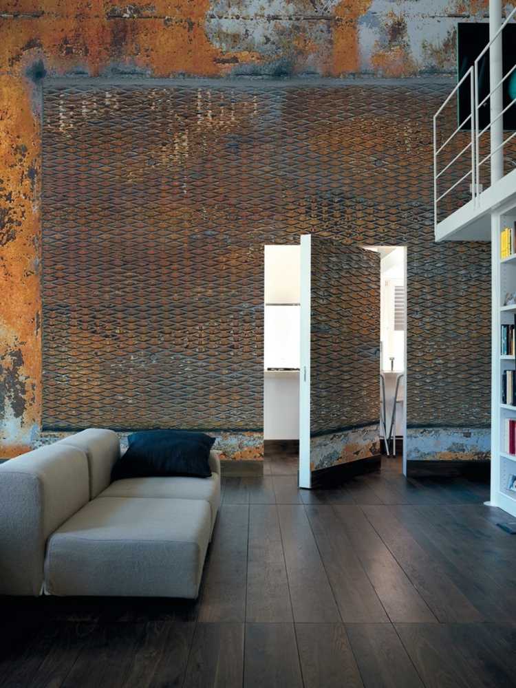 tapete-wohnzimmer-rusty-grate-rost-farben-gitter-metall-loft-design