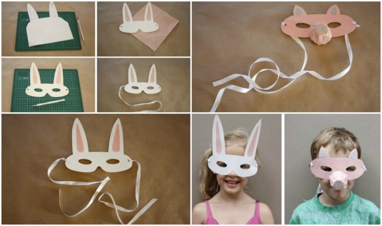 tiermasken-basteln-papier-karton-faschingsmasken-weiss-hase-rosa-schwein-kindermasken