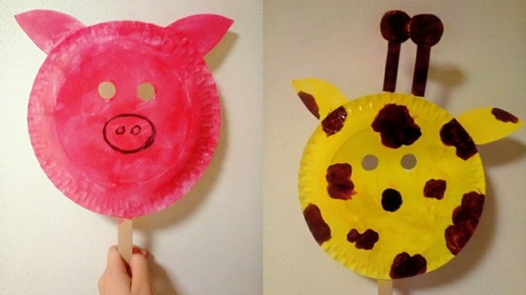 tiermasken-basteln-pappteller-faschingsmasken-rosa-schwein-gelb-giraffe-papier-ohren