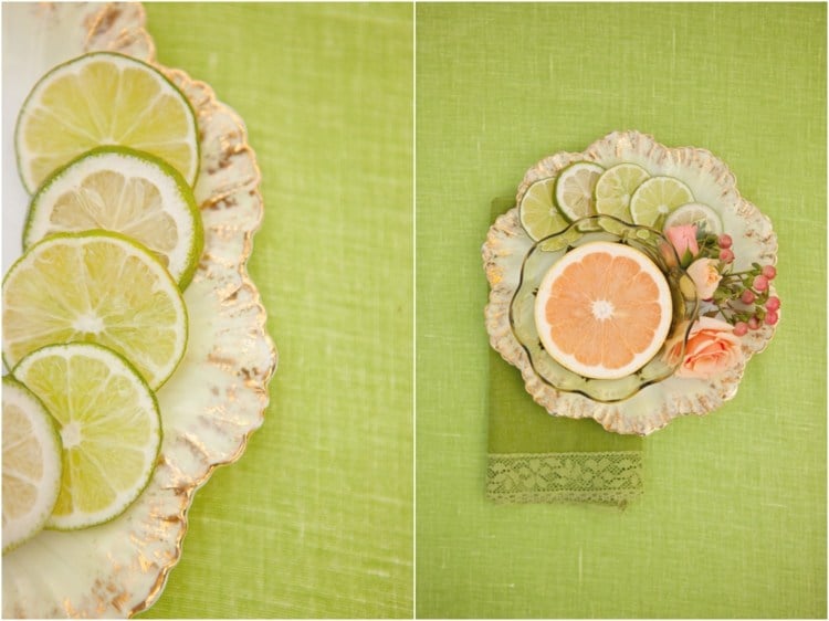 tischdeko-ideen-limetten-dessertteller-glasschale-grapefruit-rosen-johanniskrut-tischdecke-stoffserviette