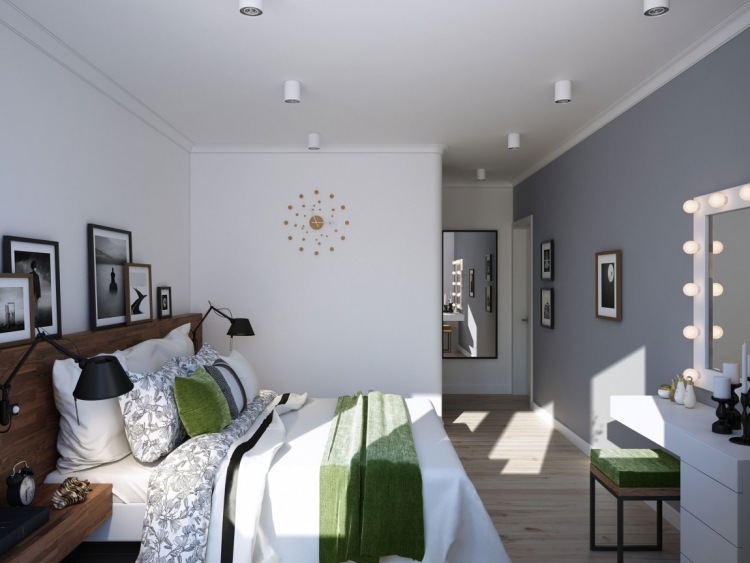wandfarbe-grau-schlafzimmer-bett-modern-design-schminktisch-kissen