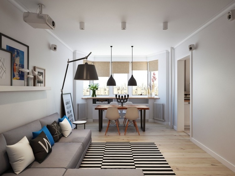Wandfarbe Grau -wohnzimmer-esstisch-dielenboden-couch-biemer