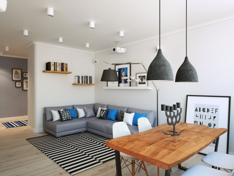 Wandfarbe Grau -wohnzimmer-modern-esstisch-naturholz-weiss-couch-teppich-schwarzweiss