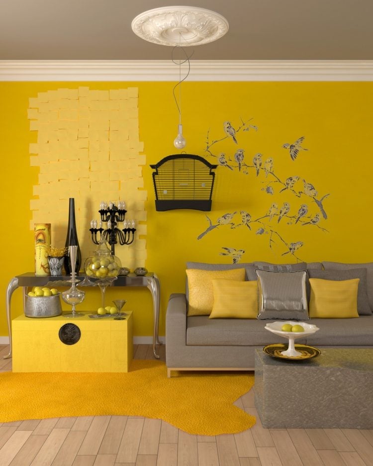 wohnzimmer-ideen-gelb-wandgestaltung-beistelltisch-kuhfell-wandsticker-graue-decke