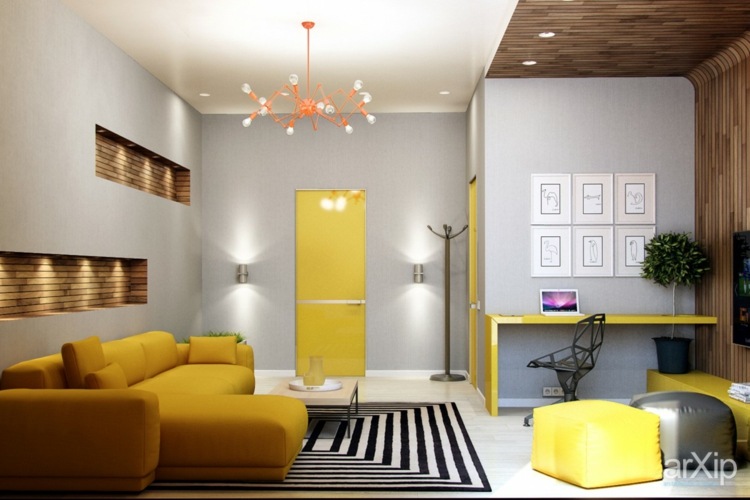 wohnzimmer-ideen-gelbe-innentuere-sofa-arbeitsplatz-holz-wandverkleidung