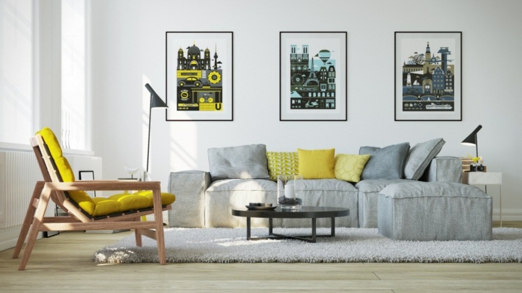 wohnzimmer ideen gelbe sessel kissen graues sofa wandbilder hellgrau shaggy tepich