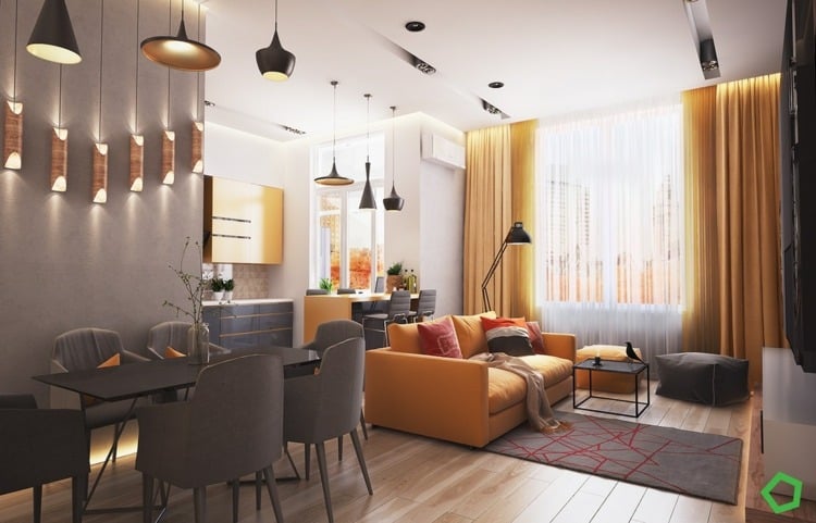 wohnzimmer-ideen-gelbe-vorhaenge-sofa-esstisch-lampen-graue-stuhele-teppich-parkettboden