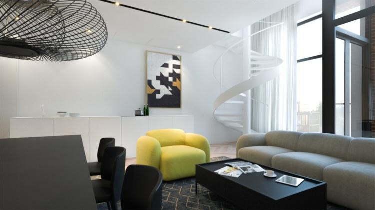 wohnzimmer-ideen-gelber-sessel-graues-sofa-schwarze-tische-weisse-wendeltreppe