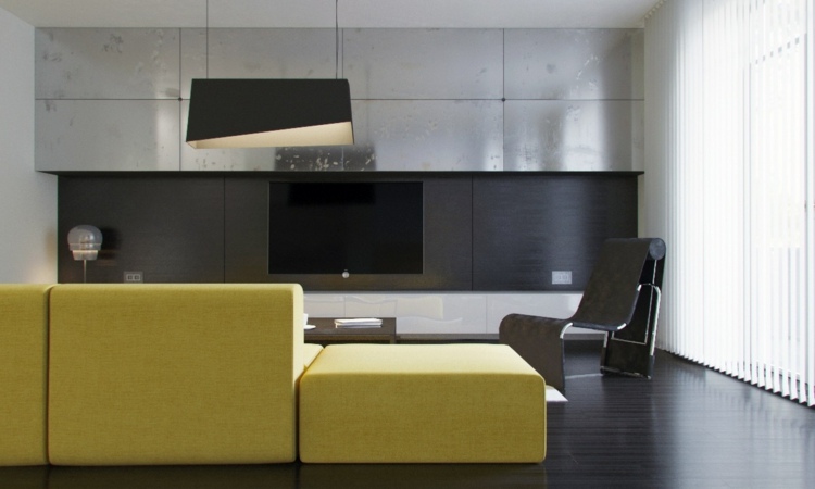 wohnzimmer-ideen-gelbes-sofa-minimalistisch-dunkelgrau-wohnwand-fronten-metalleffekt