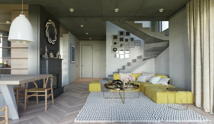 wohnzimmer-ideen-innentreppe-graue-wandgestaltung-decke-gelbes-sofa