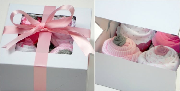 Babyparty-Geschenke-cupcakes-box-selber-machen-hellgrau-pink-strampelanzuege-babysoeckchen-schleife