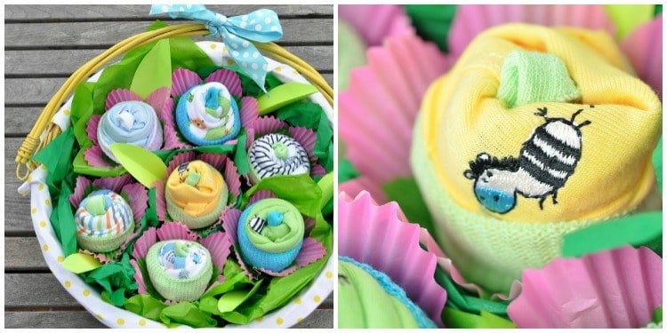 Babyparty Geschenke cupcakes-korb-selber-machen-hellblau-pink-gelb-babysoeckchen-schleife-schleifen-dekoration