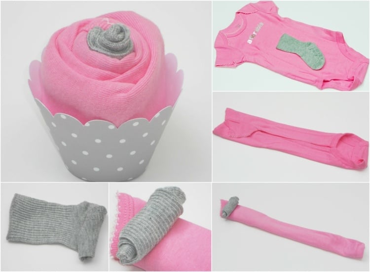 Babyparty Geschenke cupcakes-selbermachen-foermchen-pink-strampelanzug-babysoeckchen-einrollen