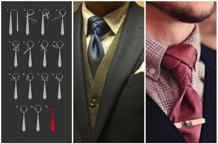 Krawattenknoten binden anleitung-varianten-einfarbige-schlips-cardigan-karriertes-hemd-Eldredge